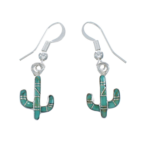 Sterling Silver Southwest Turquoise Cactus Inlay Hook Dangle Earrings JX129973